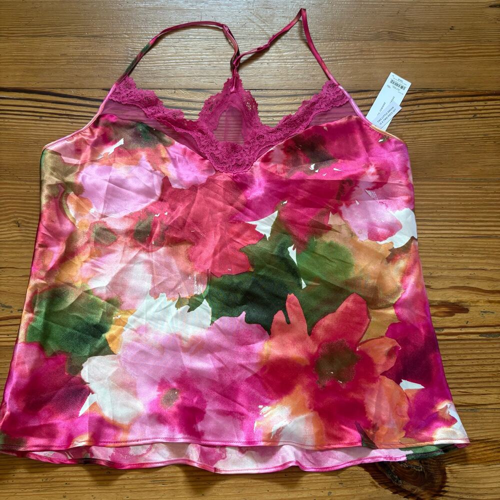 NWT Lilac + London pink floral lace trim‎ womens camisole sleep shirt SIZE L